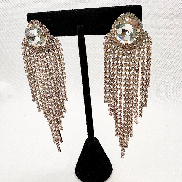 Chandelier Dramatic Crystal Rhinestone Studded Fringe Elegant Statement Earrings - Picture 1 of 8